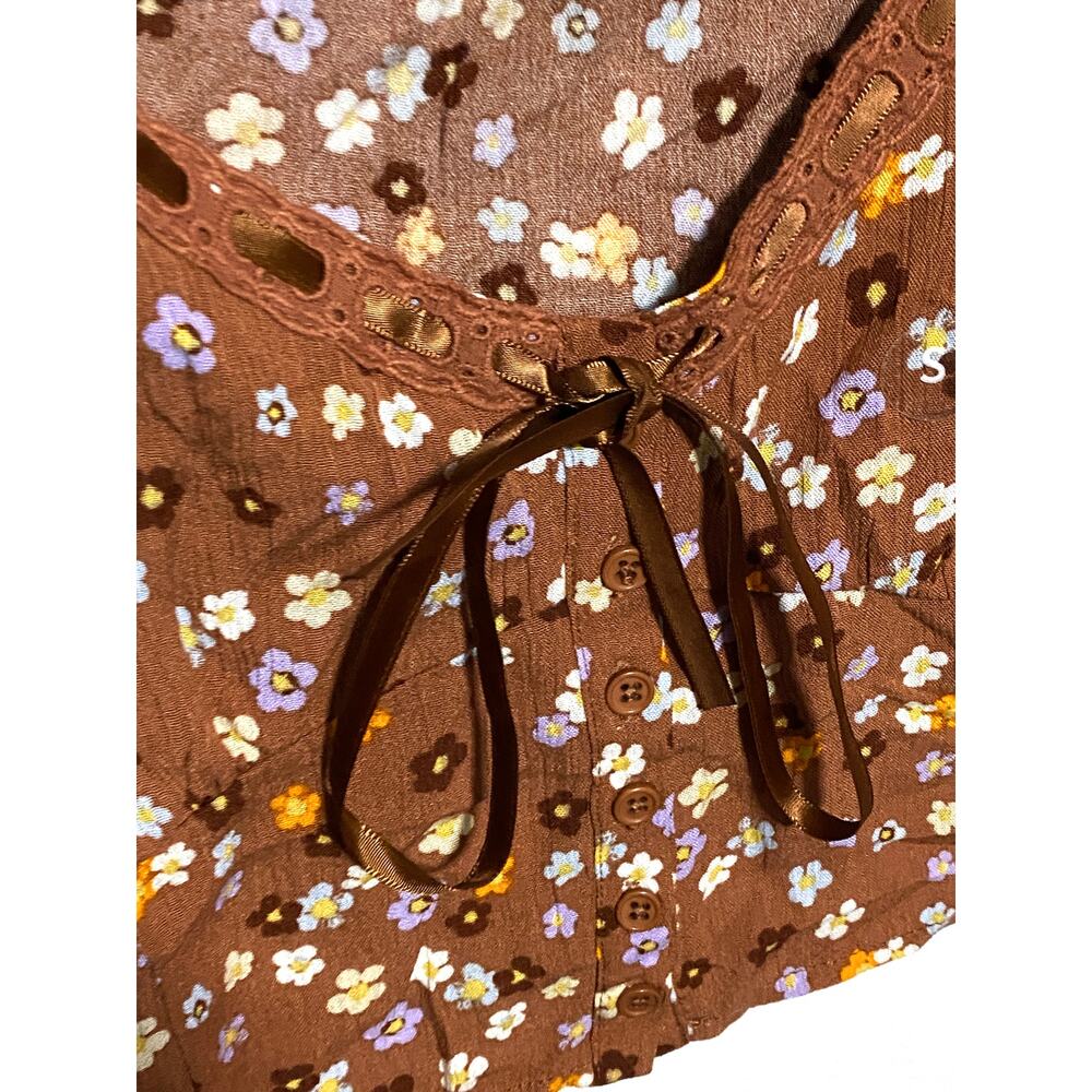 LA Hearts Brown Floral Coquette Crop Top S Lace Bow Milkmaid Cottage Boho NWT - Picture 3 of 9
